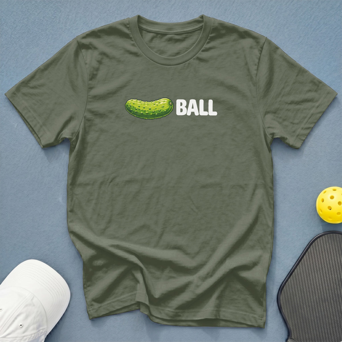 Green t-shirt with a pickle and the word BALL graphic.