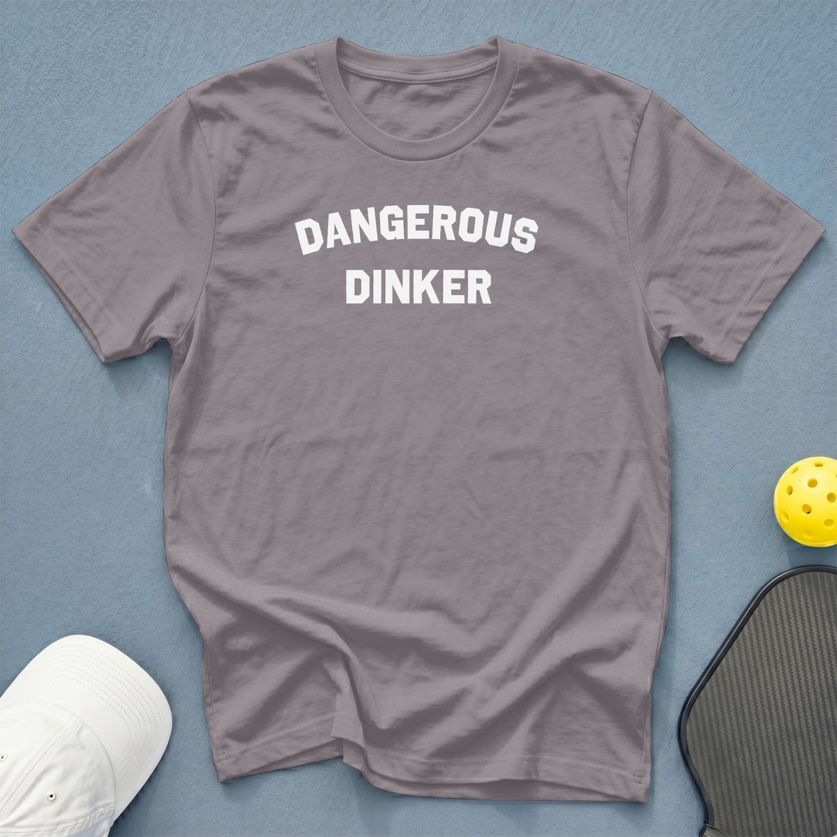 Gray t-shirt with white text "DANGEROUS DINKER".