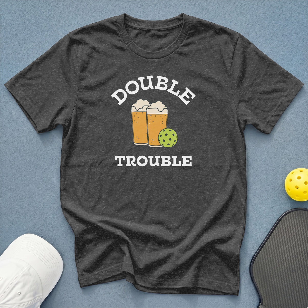 Dark grey t-shirt with "Double Trouble" text, beer glasses, and pickleball graphic.