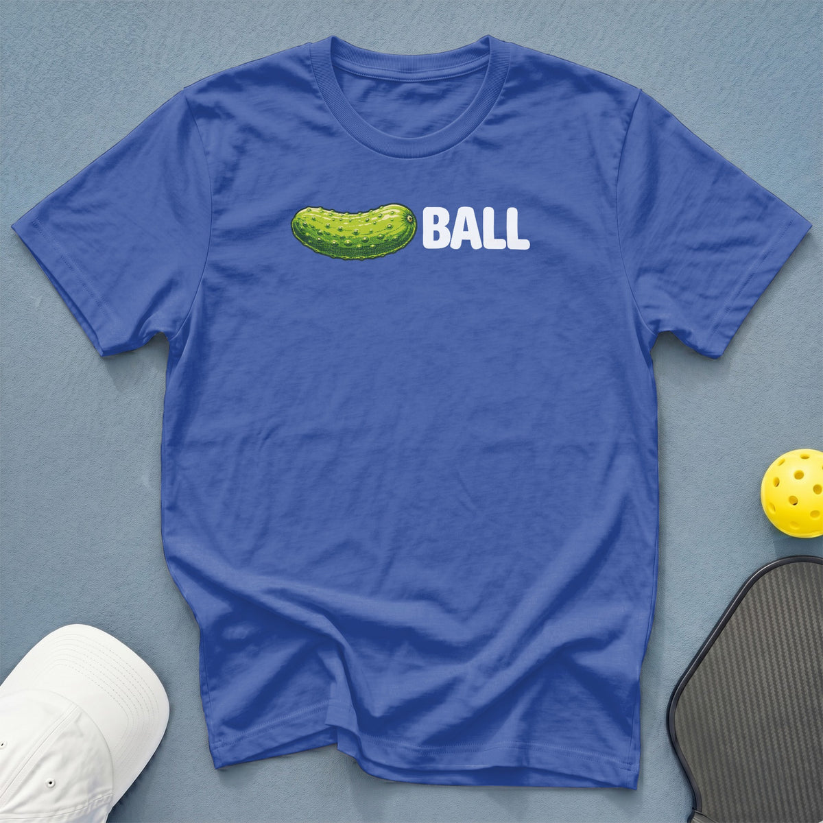 Blue t-shirt with a pickle and the word "BALL" printed on it.