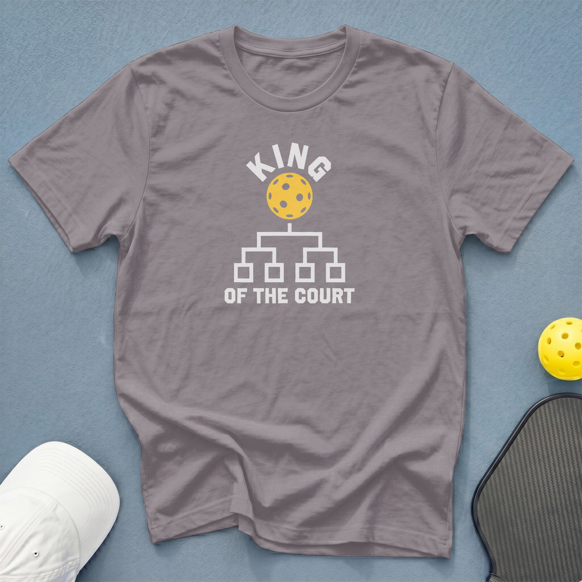 Gray t-shirt with white text "KING OF THE COURT" and a pickleball graphic.