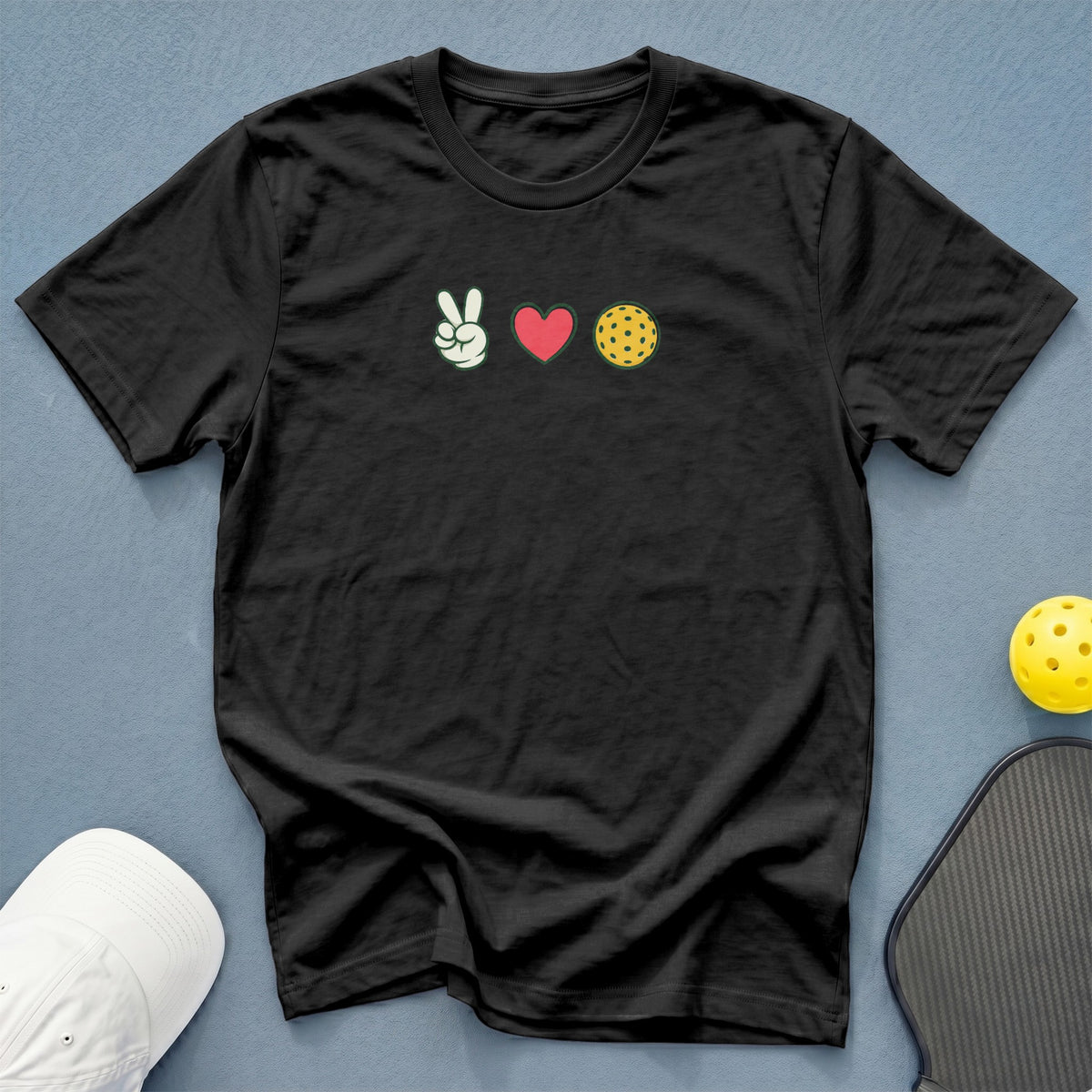 Black t-shirt with peace, love, and pickleball graphic.
