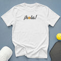 White t-shirt with "¡hola!" graphic featuring a pickleball.