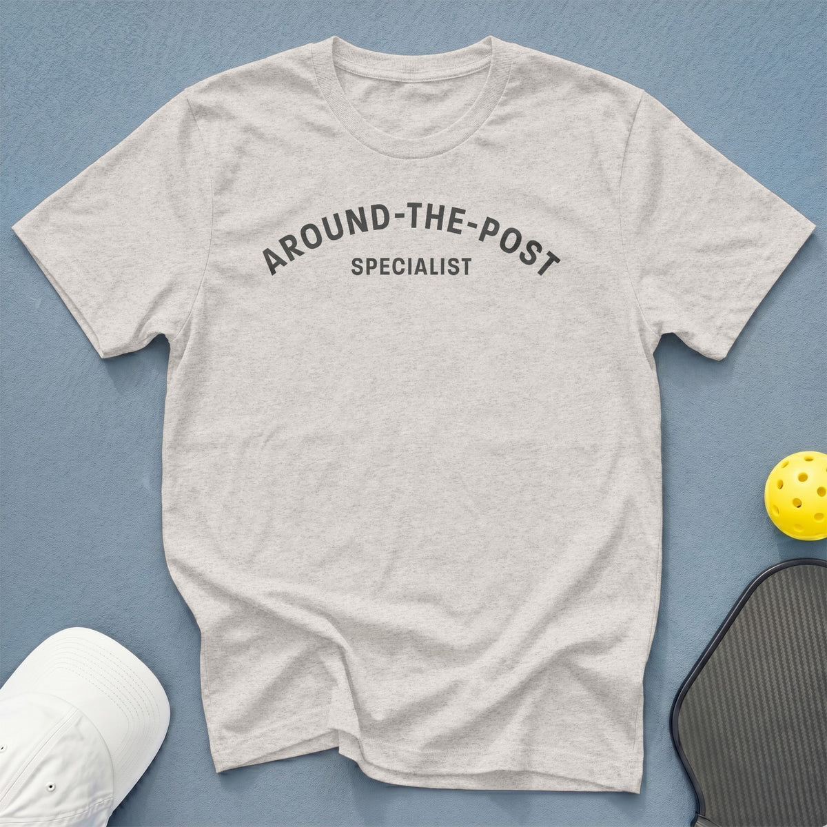 Light grey t-shirt with "AROUND-THE-POST SPECIALIST" graphic.