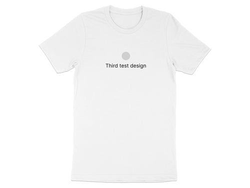 White t-shirt with a gray circle and "Third test design" text.