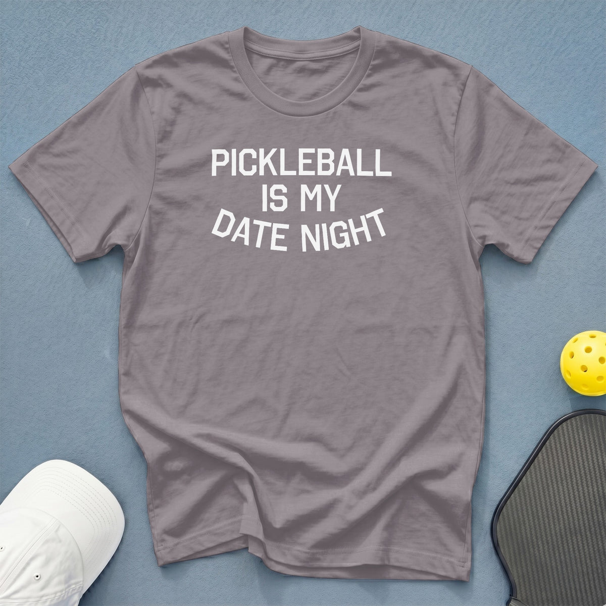 Gray t-shirt with white text that reads "PICKLEBALL IS MY DATE NIGHT".