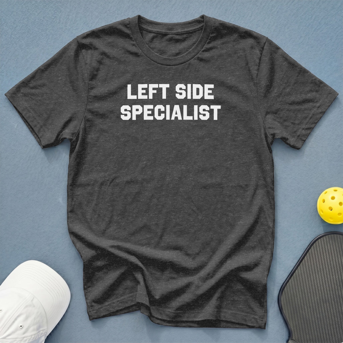 Dark grey t-shirt with white text "LEFT SIDE SPECIALIST".