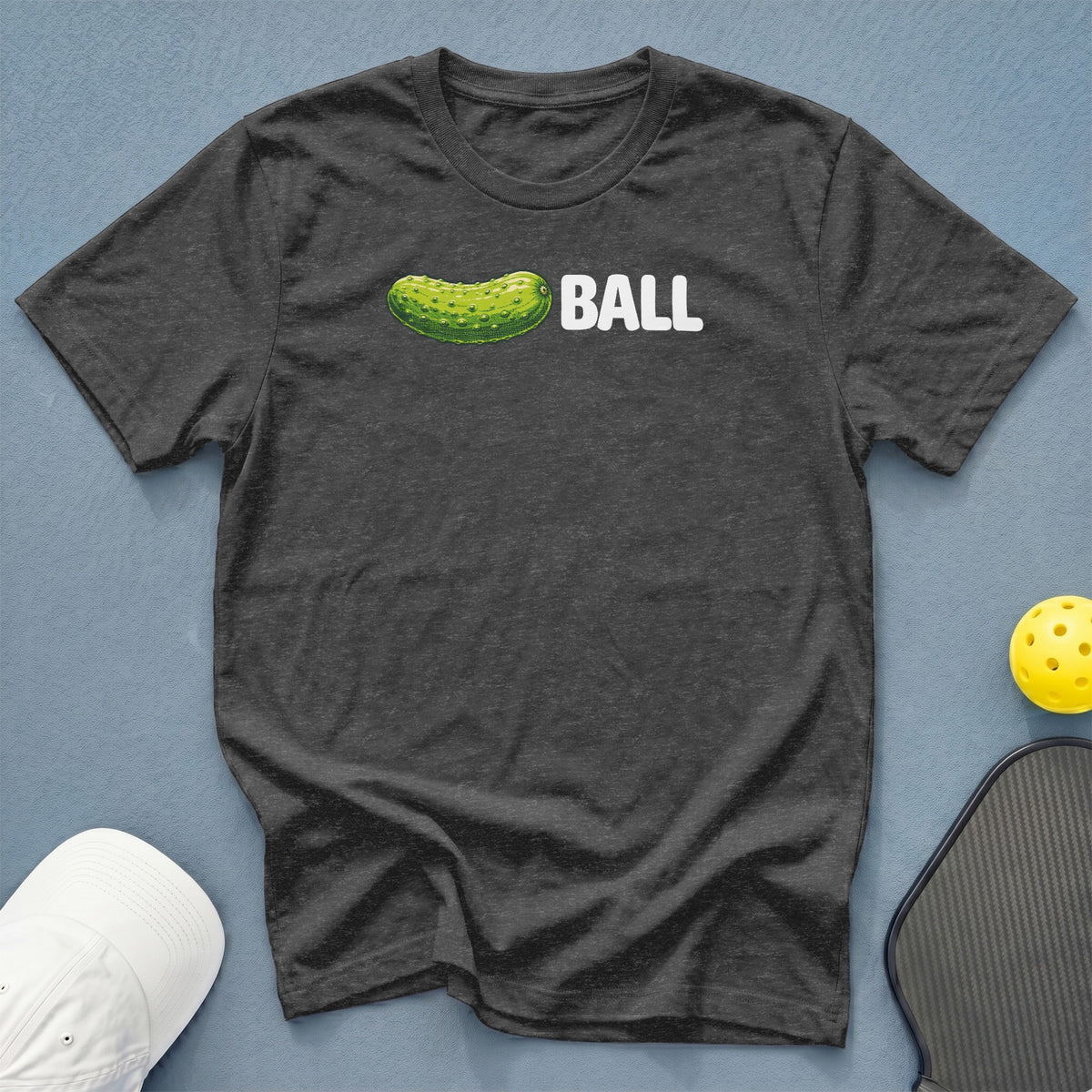 Charcoal t-shirt with a pickle graphic and the word "BALL".
