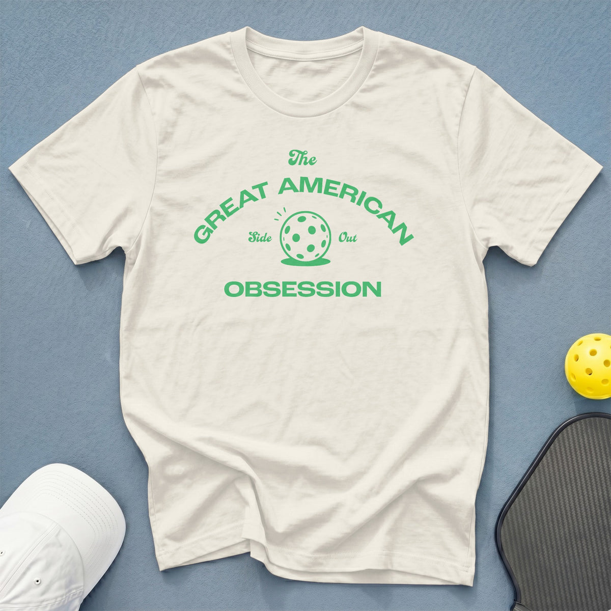 White t-shirt with "The Great American Side Out Obsession" and pickleball graphic.