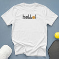 White t-shirt with "hello!" text and a pickleball graphic.