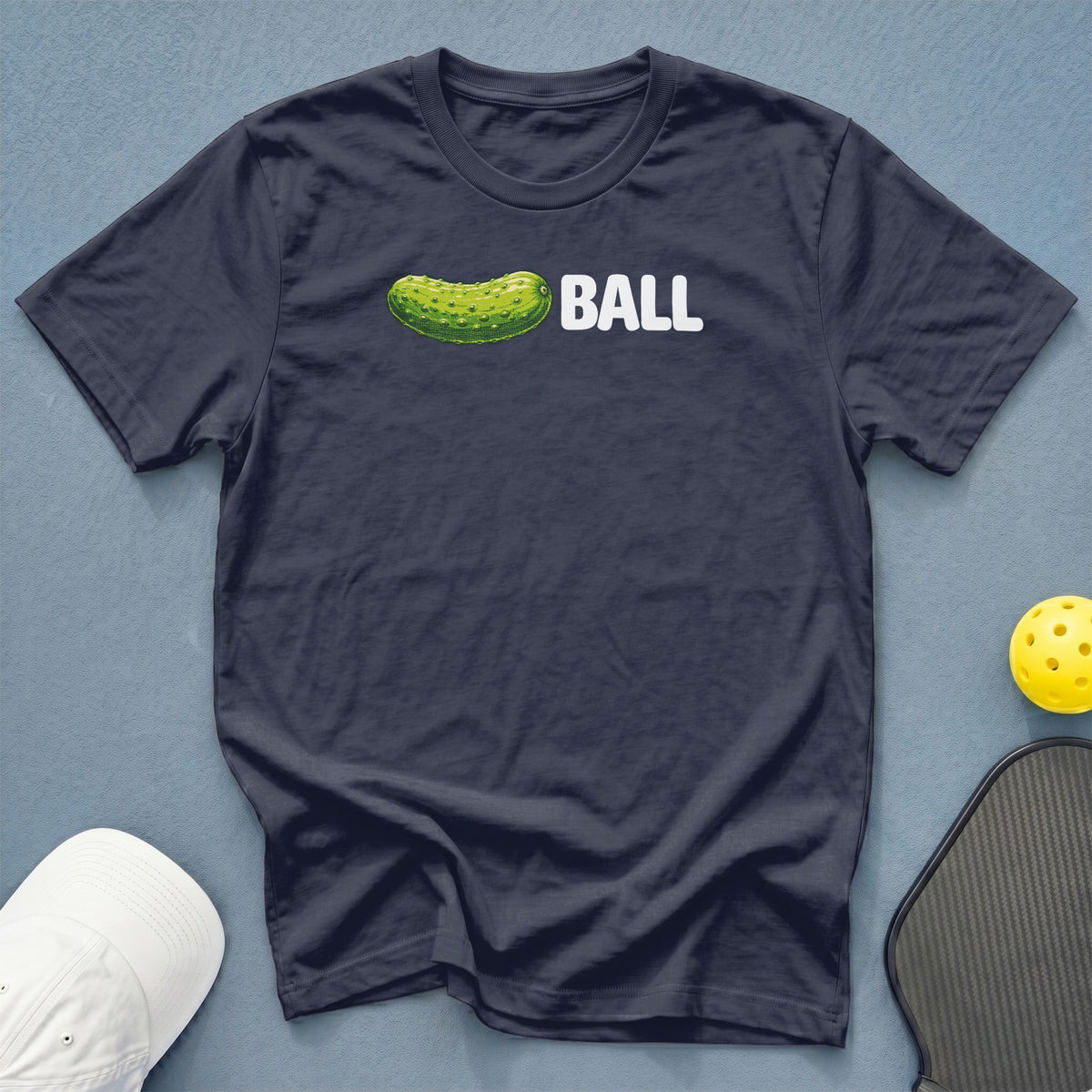 Dark blue t-shirt with a pickle and the word "BALL" printed on it.