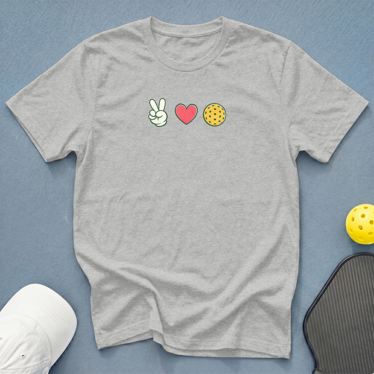 Grey t-shirt with peace sign, heart, and pickleball graphic.