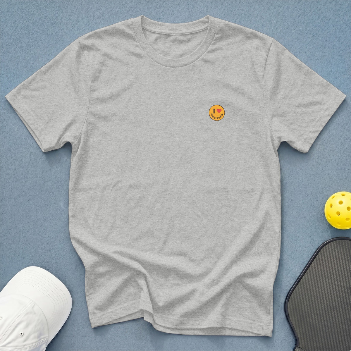 Gray t-shirt with "I ♥ PICKLEBALL" embroidered on chest, pickleball paddle, and ball.