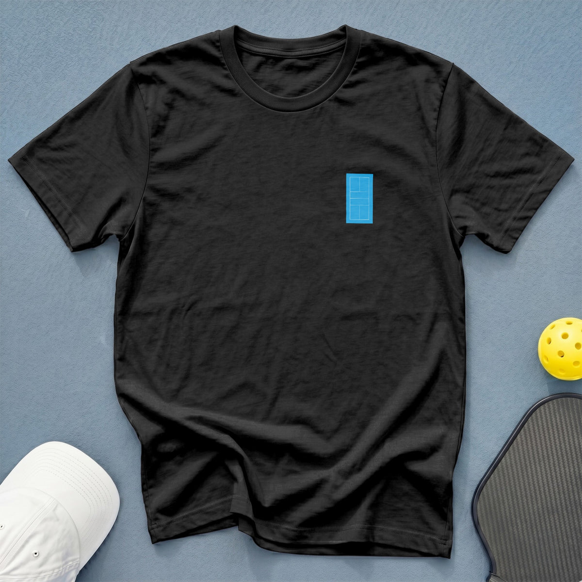 Black t-shirt with a small blue pickleball court graphic on the chest.