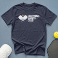 Navy t-shirt with white "Lightning Hands Club" text and pickleball paddles graphic.