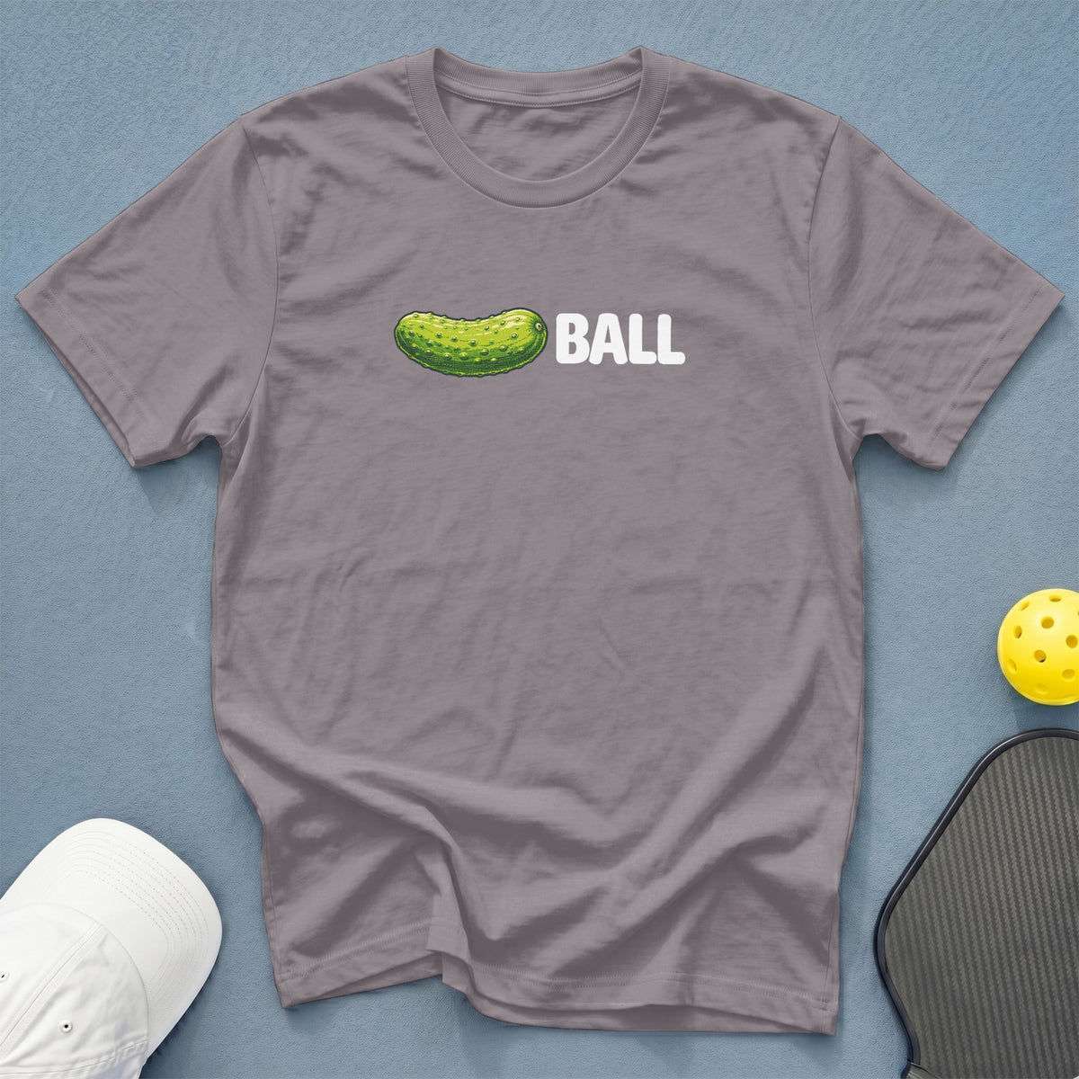 Gray t-shirt with a pickle and the word BALL graphic.