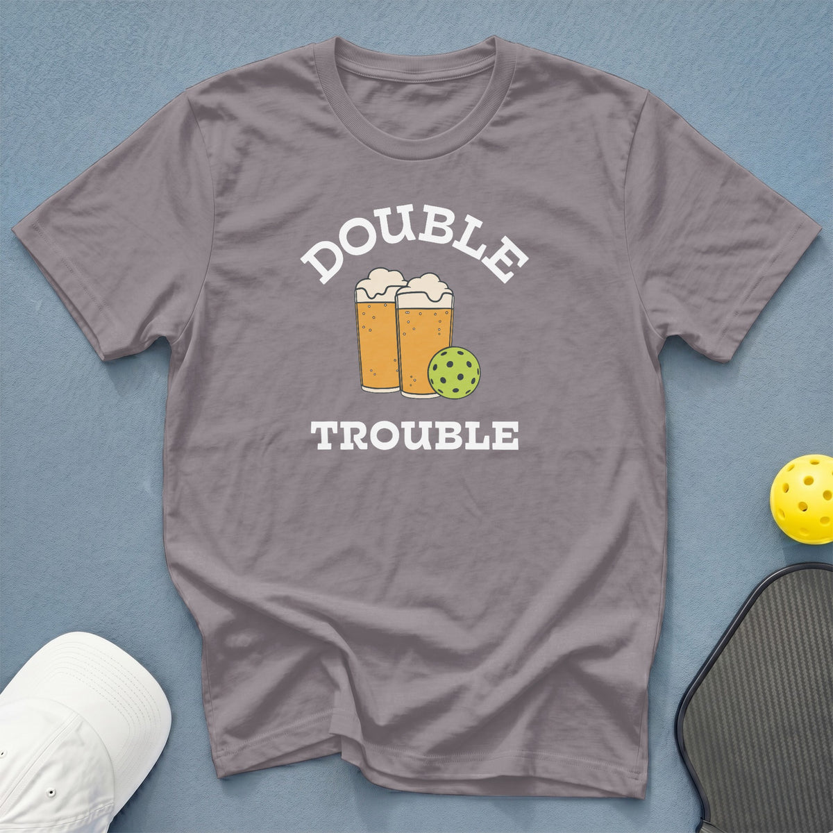 Gray t-shirt with "DOUBLE TROUBLE" text, beer mugs, and pickleball graphic.