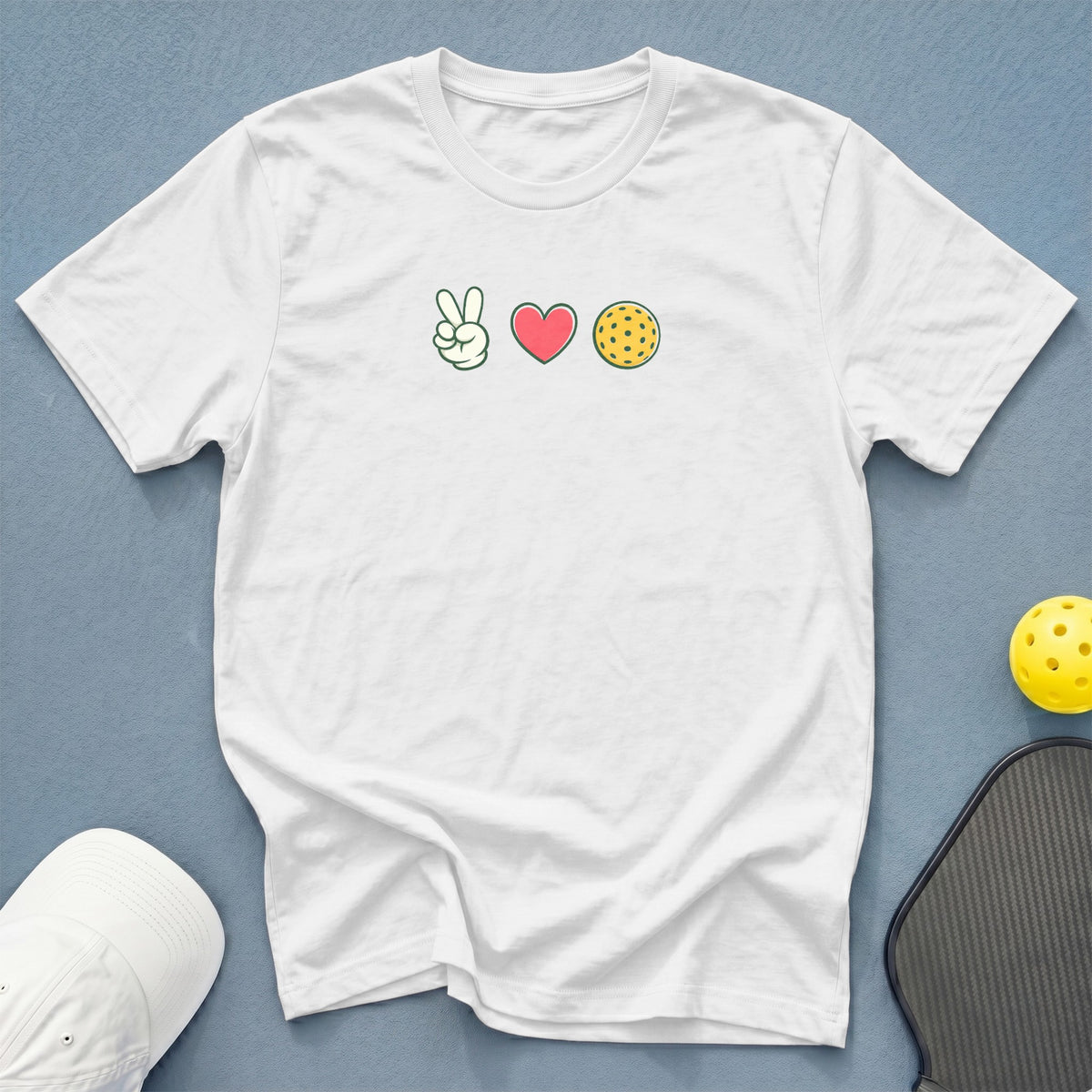 White t-shirt with peace sign, heart, and pickleball graphic.