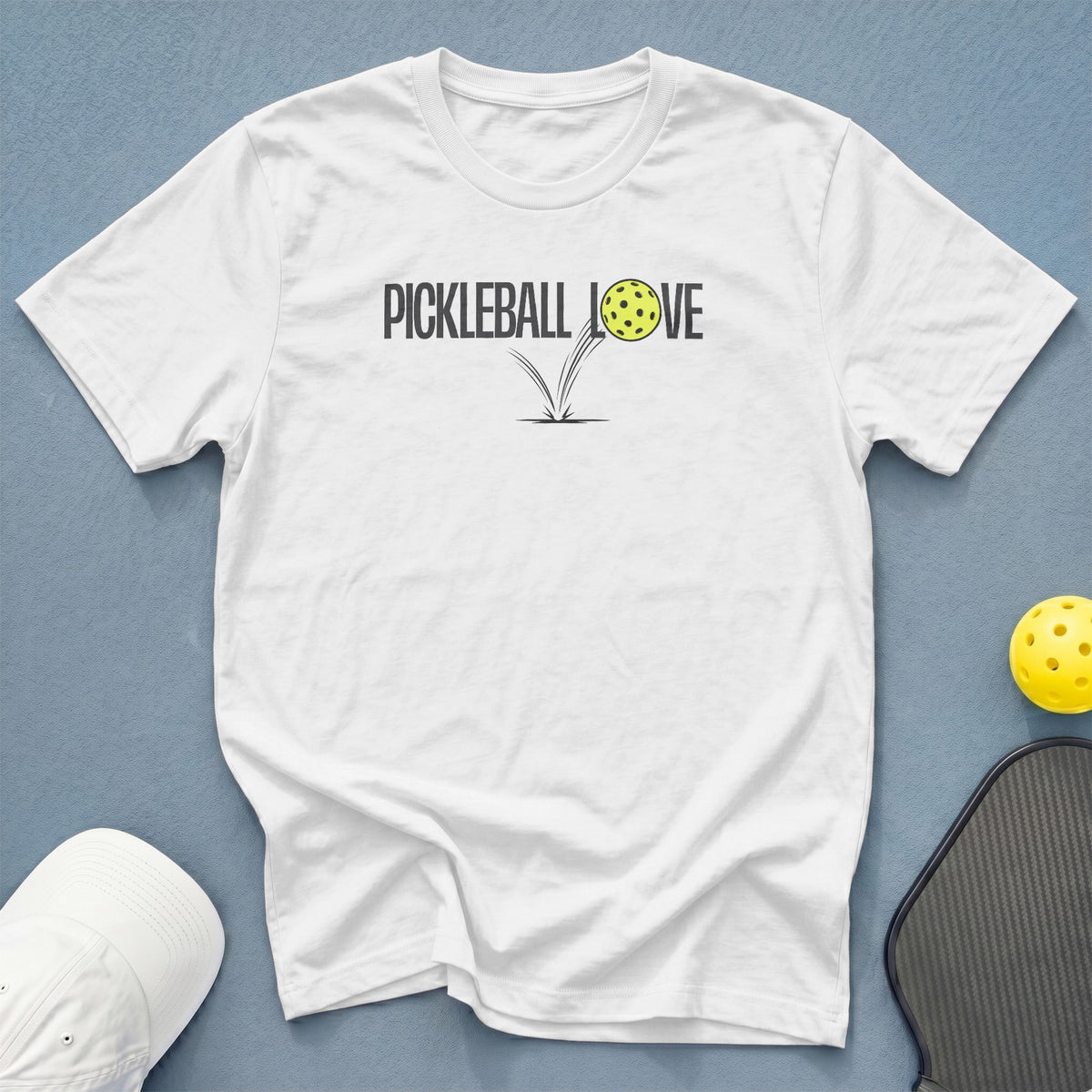 White t-shirt with "Pickleball Love" text and a jumping pickleball graphic.