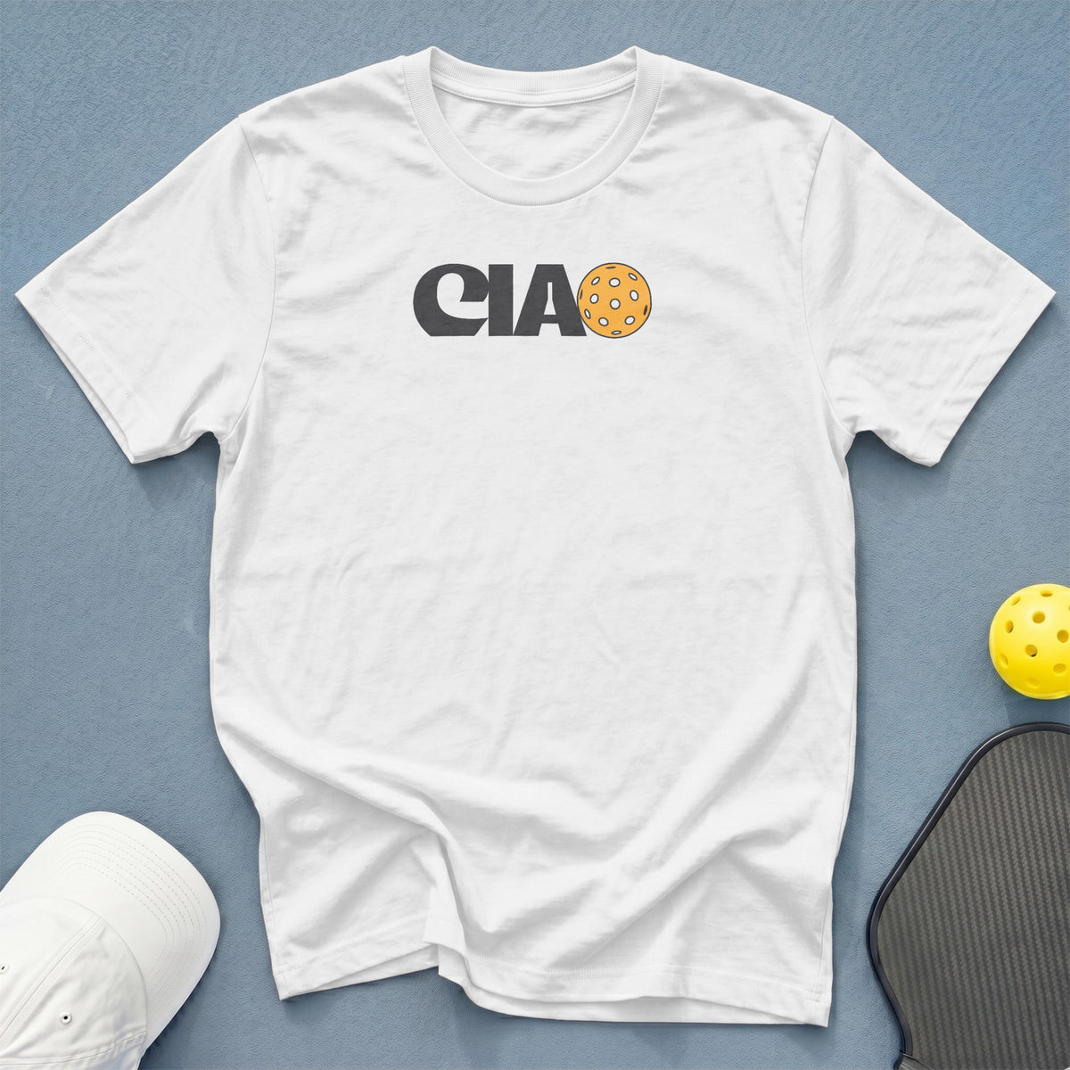 White t-shirt with "CIAO" and a pickleball graphic.