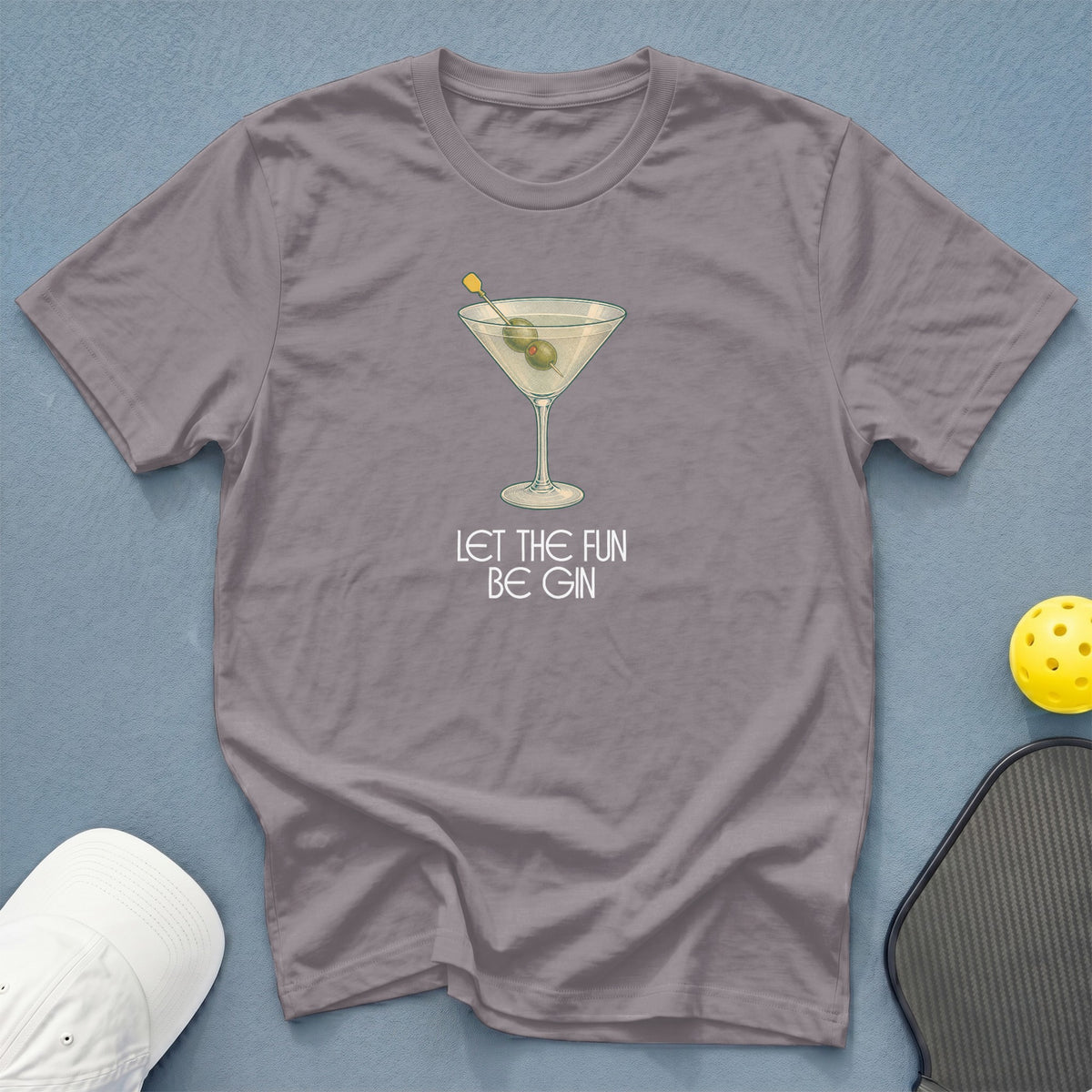 Gray t-shirt with a martini glass and "LET THE FUN BE GIN" text.