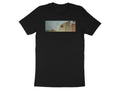 Black t-shirt with a double exposure graphic of wine glasses on wood.