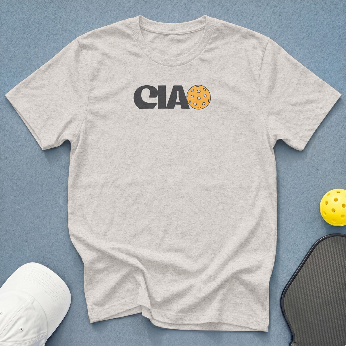 Light grey t-shirt with "CIA" and a pickleball graphic.