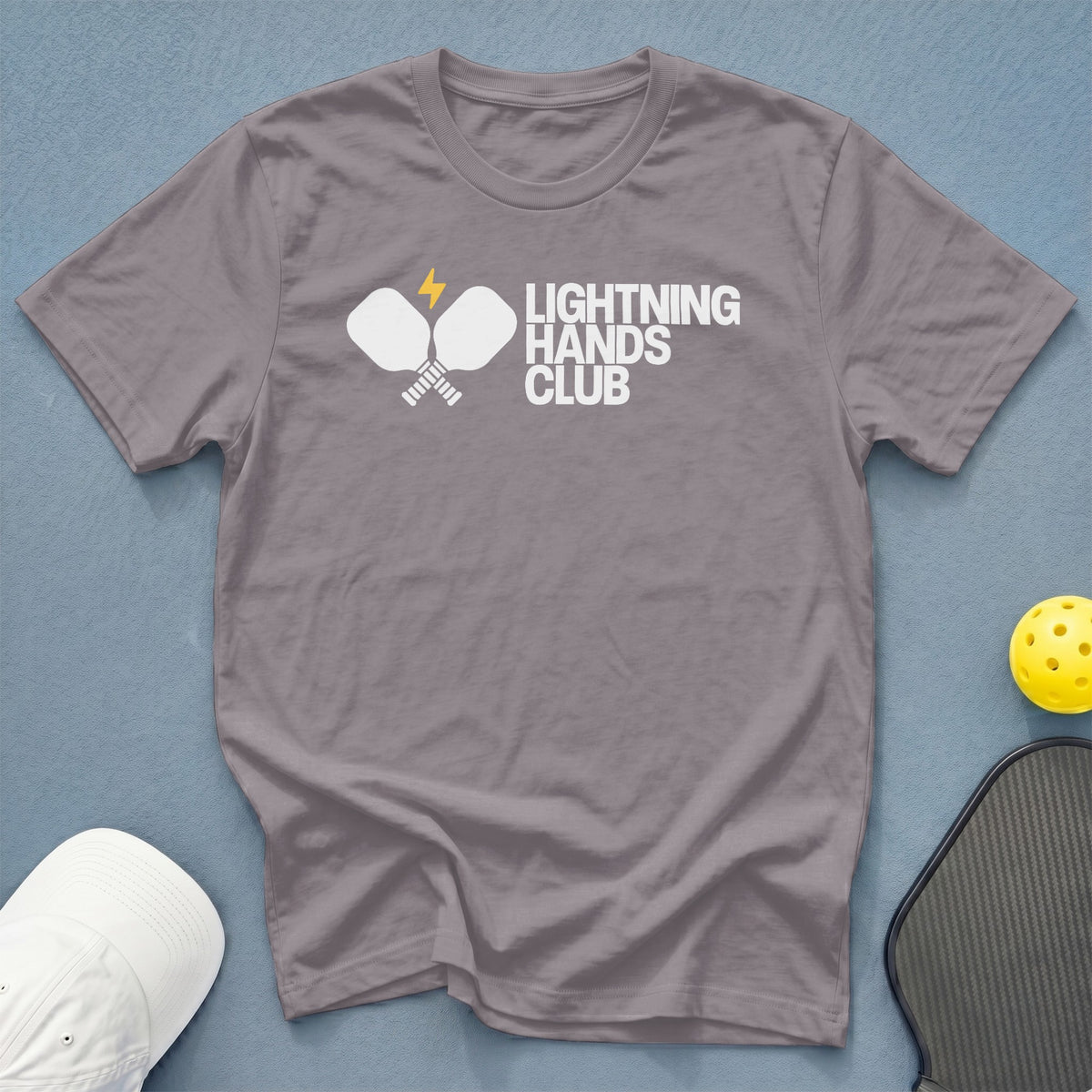 Grey t-shirt with white "LIGHTNING HANDS CLUB" text and pickleball graphic.