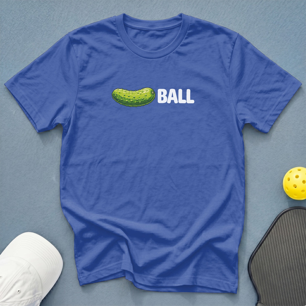 Blue t-shirt with a pickle and the word BALL printed on it.