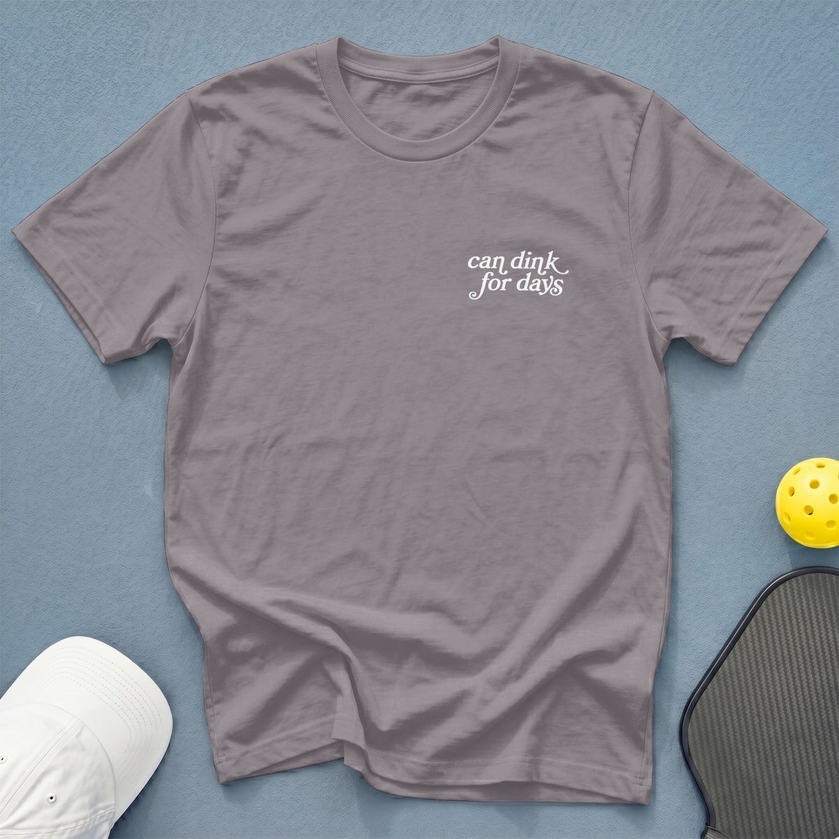 Gray t-shirt with white text "can dink for days" and pickleball accessories.