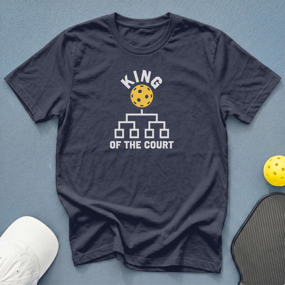 Navy t-shirt with "KING OF THE COURT" and pickleball graphic.