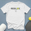 White t-shirt with black text "PICKLEBALL LOVE" and a jumping pickleball.