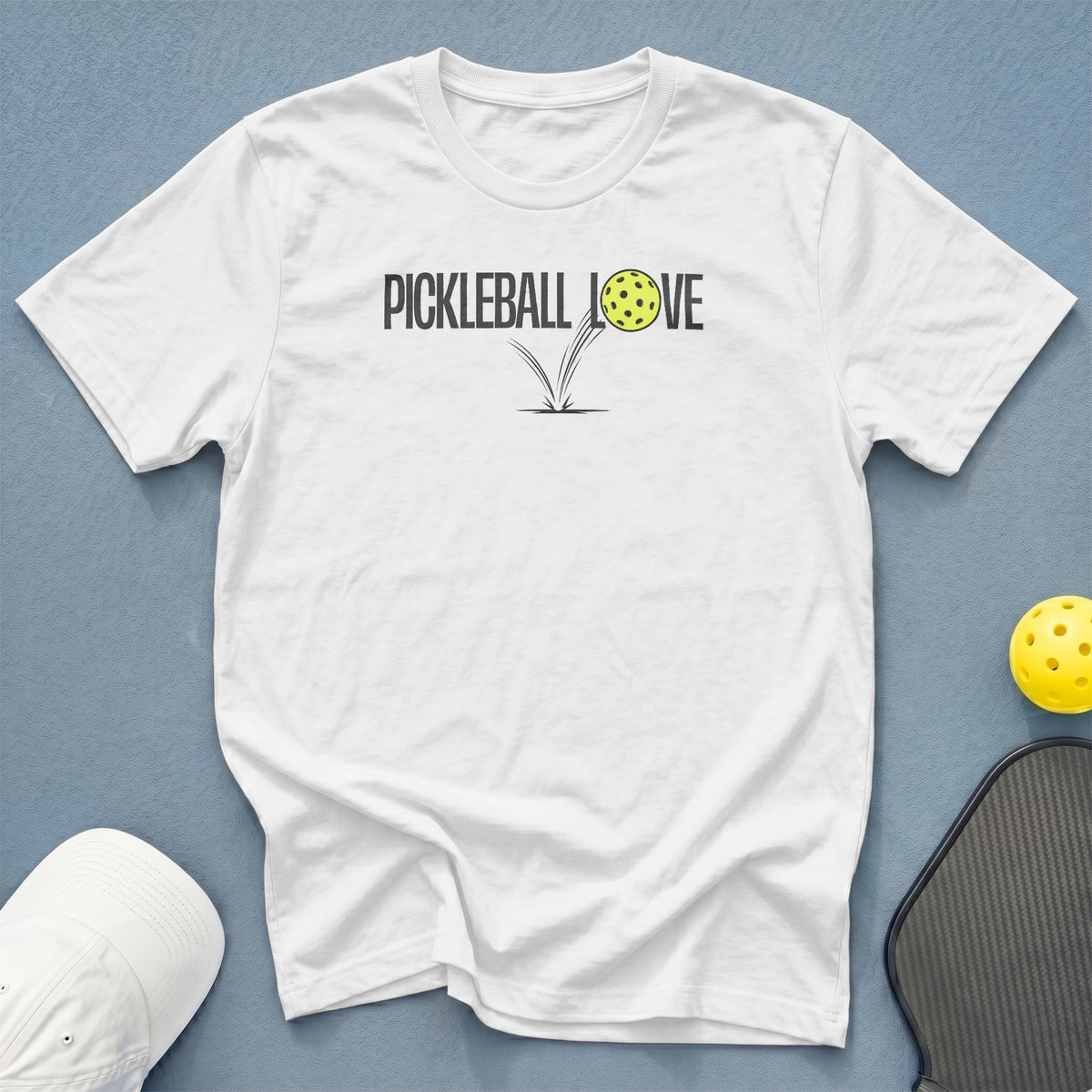 White t-shirt with black text "PICKLEBALL LOVE" and a jumping pickleball.