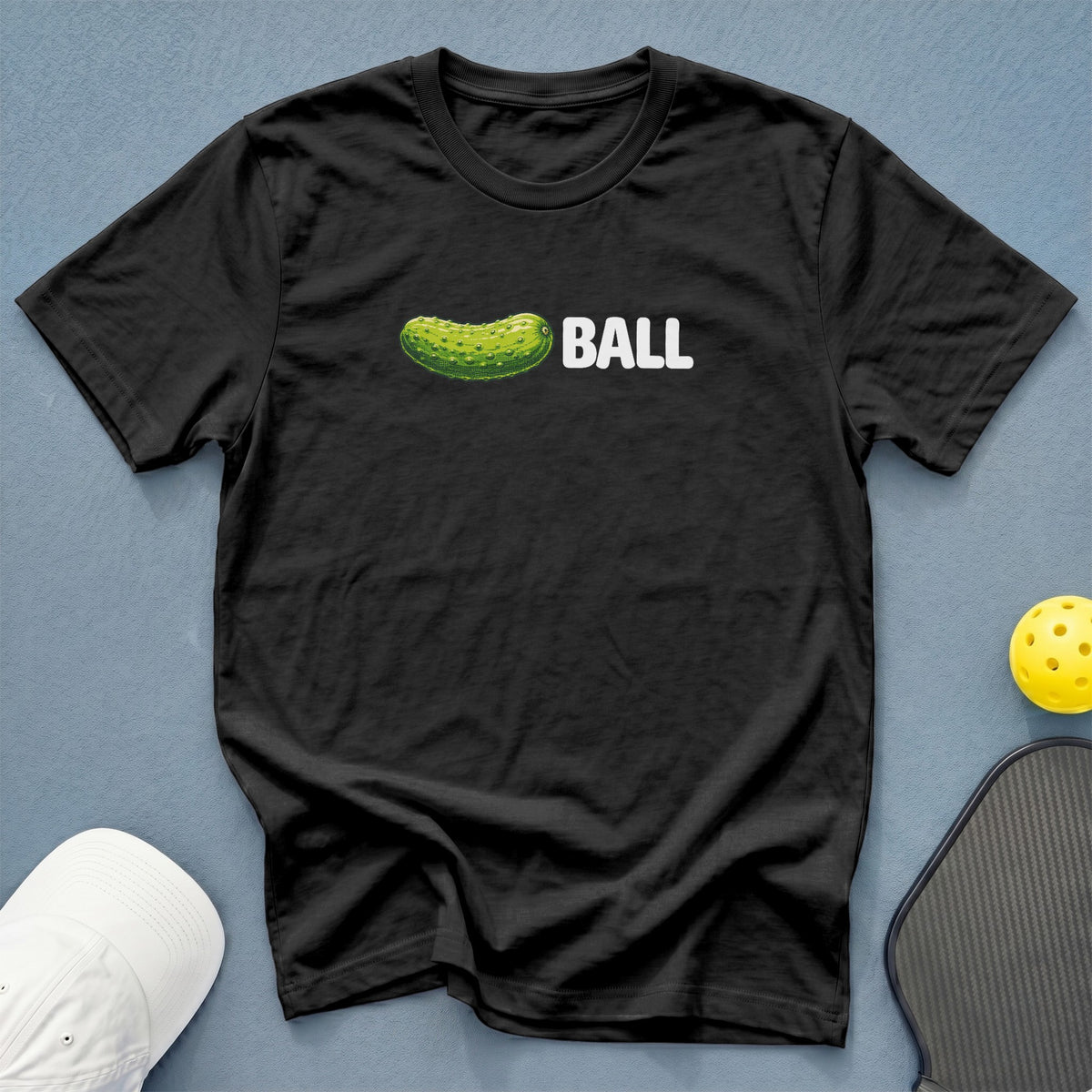 Black t-shirt with a pickle and the word BALL.