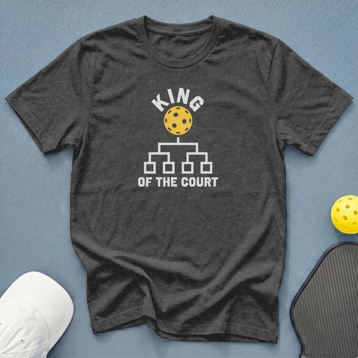 Dark grey t-shirt with "KING OF THE COURT" and pickleball graphic.