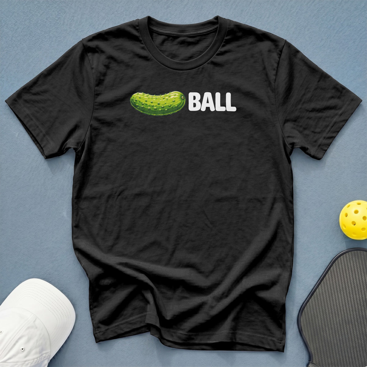 Black t-shirt with a pickle graphic and the word "BALL".