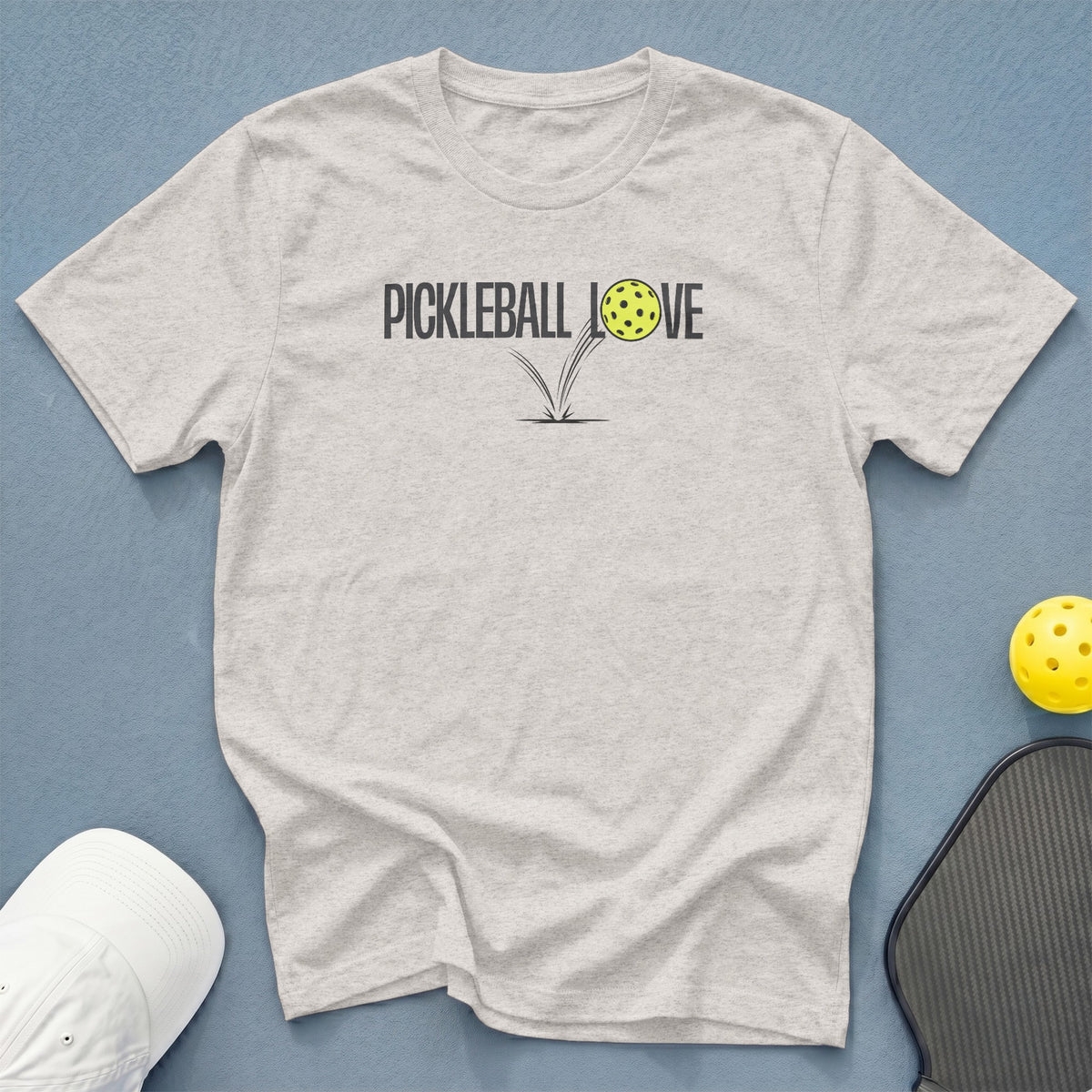 Light grey t-shirt with "PICKLEBALL LOVE" text and a pickleball graphic.