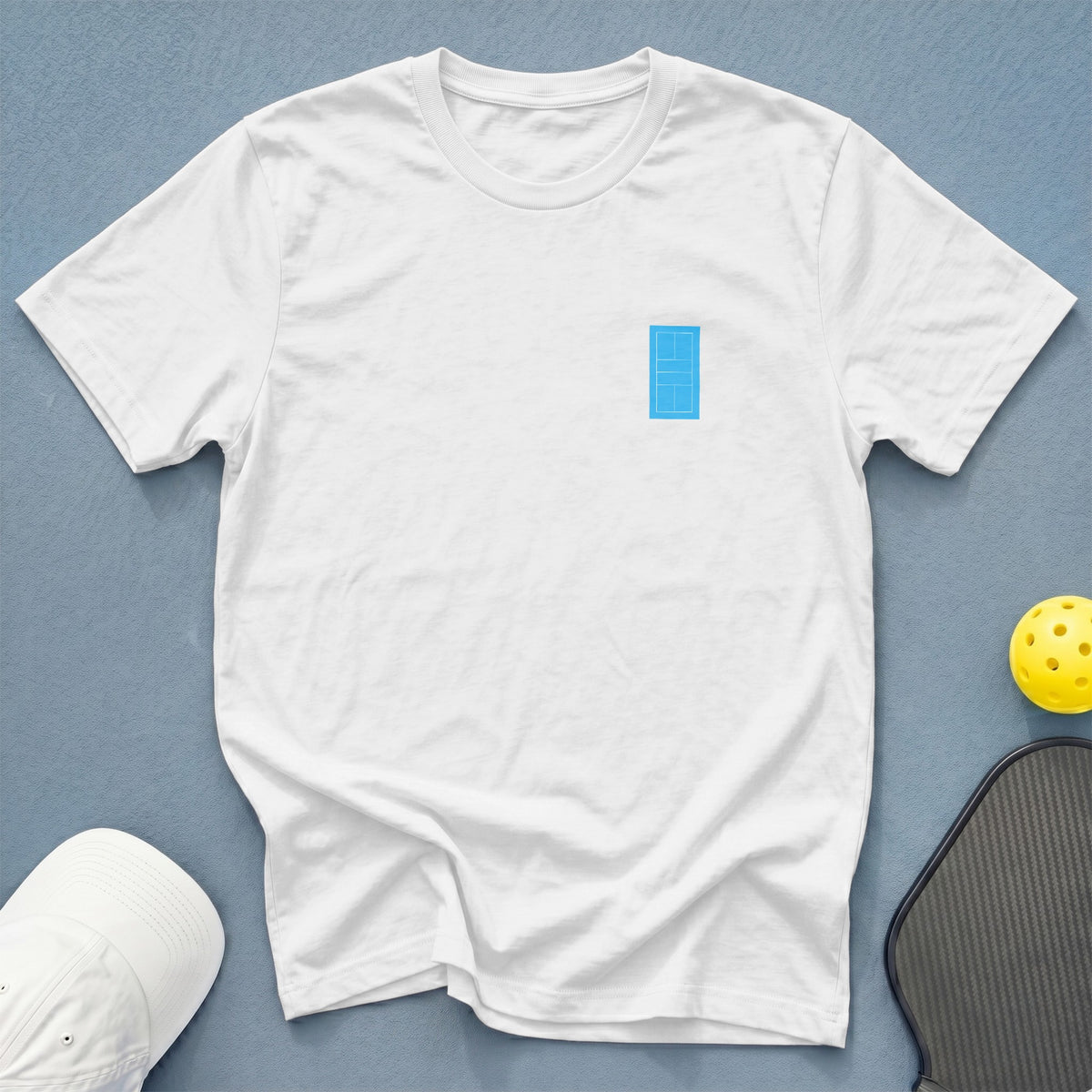 White t-shirt with a small blue tennis court graphic on the chest.