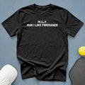 Black t-shirt with white text "M.I.L.F. MAN I LIKE FOREHANDS".