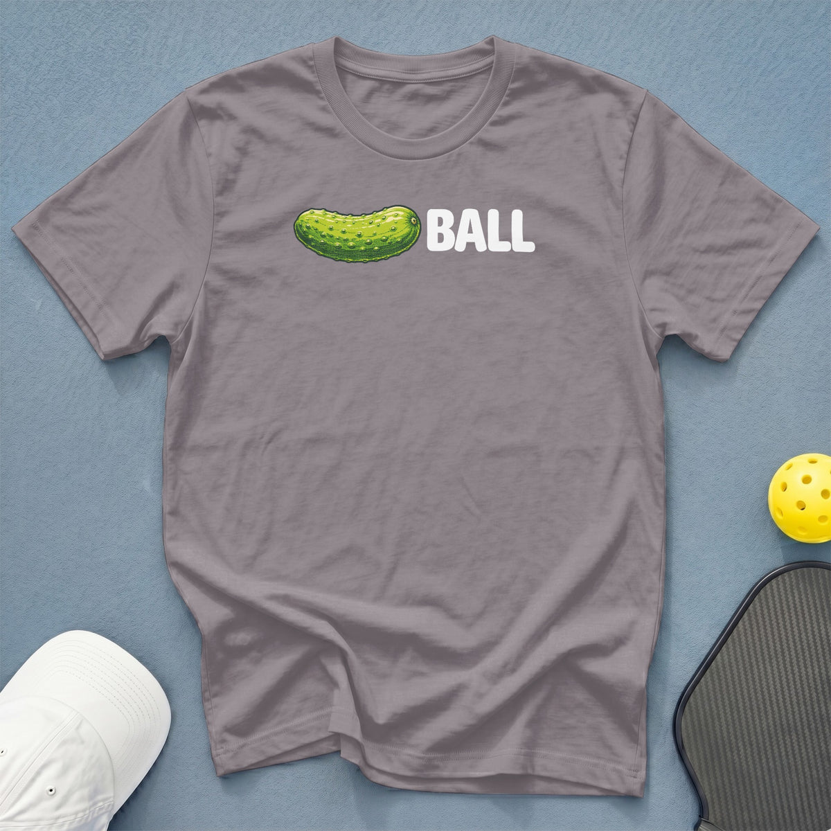 Gray t-shirt with a cartoon pickle and the word BALL printed on it.