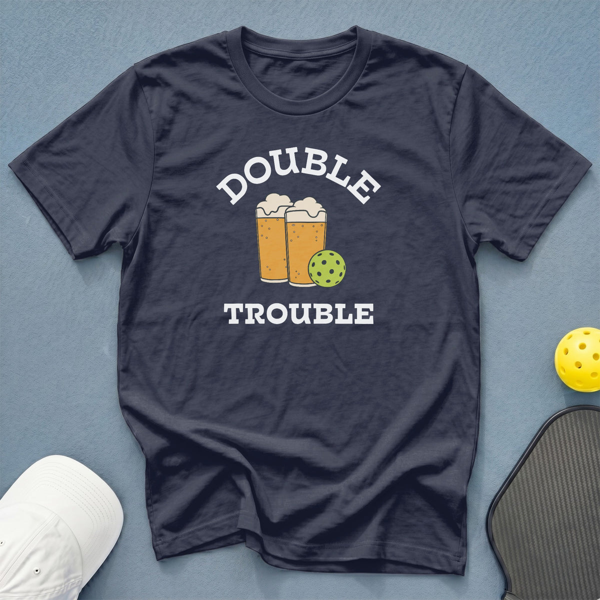 Dark blue t-shirt with "Double Trouble" text and beer glasses graphic.