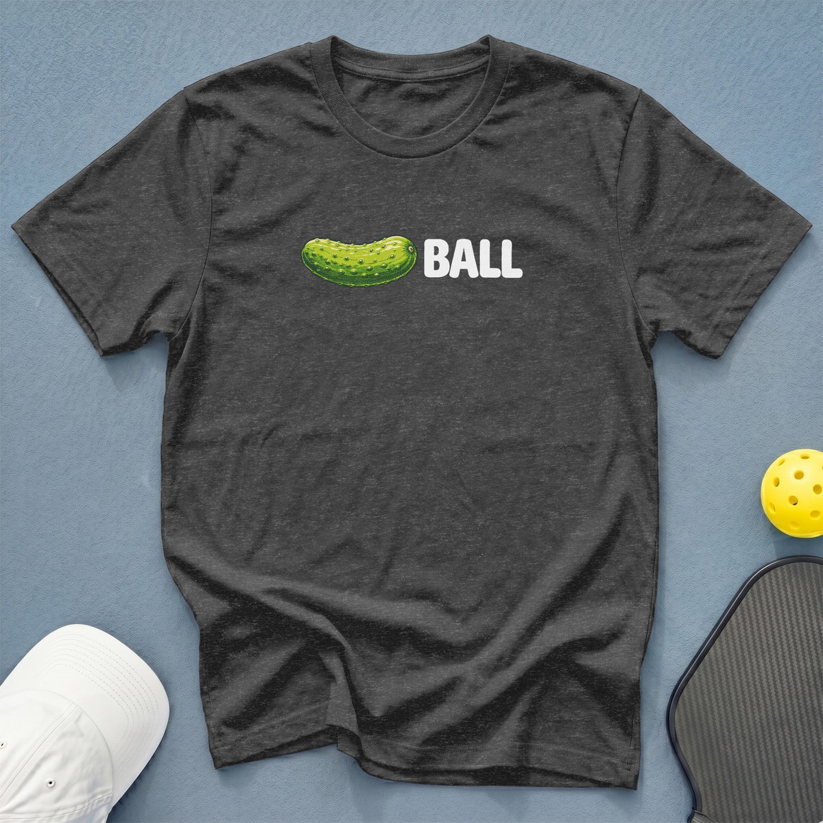 Charcoal t-shirt with a pickle graphic and the word "BALL".