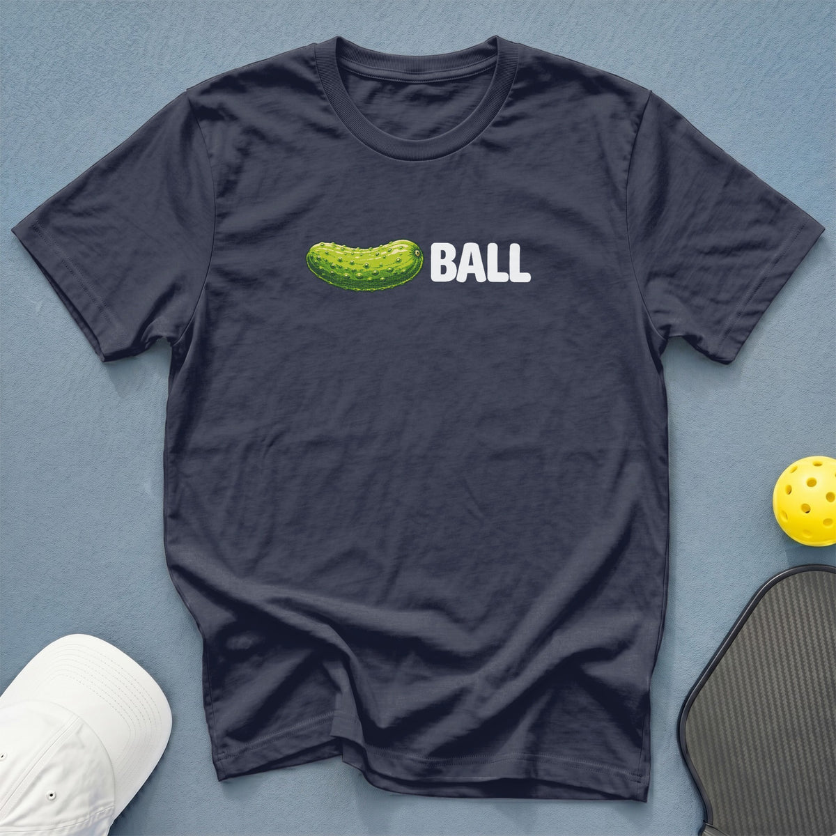 Navy t-shirt with a graphic of a pickle and the word BALL.