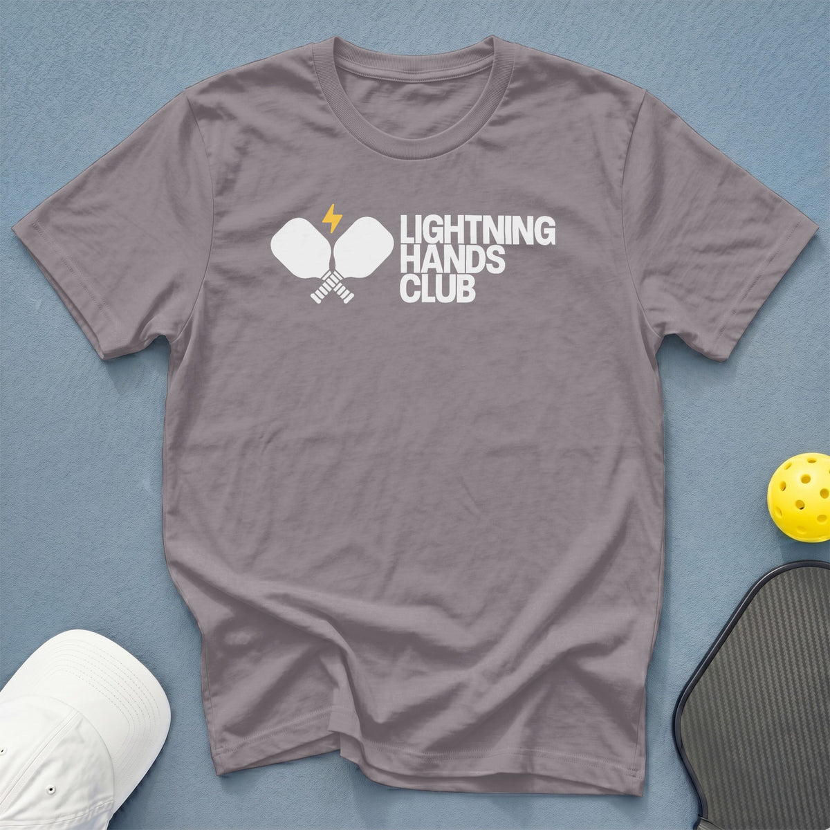 Gray t-shirt with "Lightning Hands Club" text and pickleball graphics.