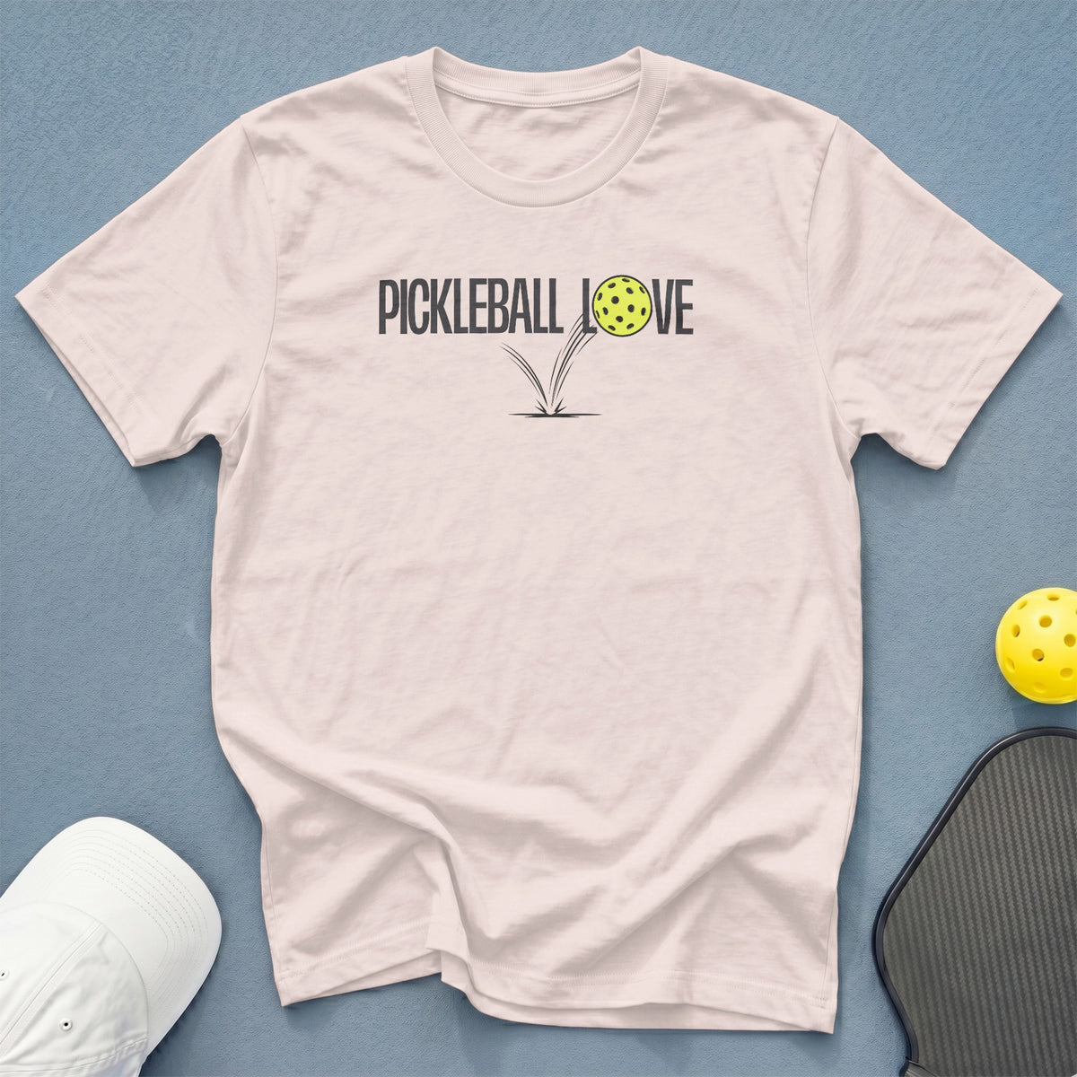 Light pink t-shirt with "PICKLEBALL LOVE" text and a pickleball graphic.